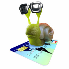 Canvas Print - 3d Funny cartoon snail character flying on a debit card