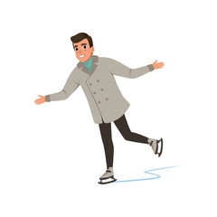 Sticker - Smiling young man in warm clothes ice skating vector Illustration on a white background