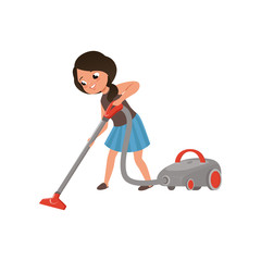 Canvas Print - Cute girl cleaning mirror cleaning the floor with vacuum cleaner, home cleaning and homework vector Illustration on a white background