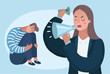 Angry woman boss character yelling at employee man office worker. Vector flat cartoon illustration
