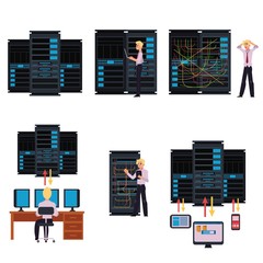 Set of server room images with data center and young system administrator configuring computer network and connecting cables while working with it technologies. Flat cartoon style vector illustration.