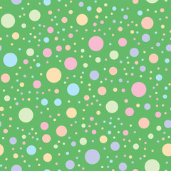 Wall Mural - Geometric seamless pattern of circles. Colorful circles on a green background. Vector illustration