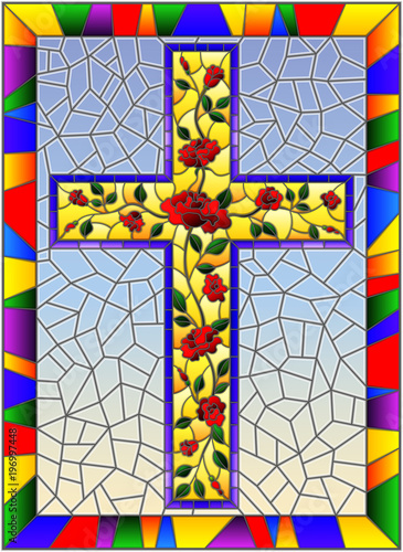 ilustracja-w-stylu-witrazu-z-chrzescijanskiego-krzyza-zdobia-rozowe-roze