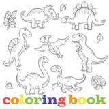 Fototapeta Dinusie - Set of funny cartoon dinosaurs contour, isolated on a white background, the coloring book