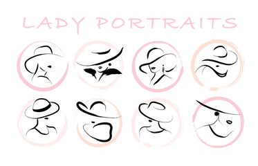 Wall Mural - vector artistic hand drawn stylish young lady portrait set isolated on white background. fashion gir