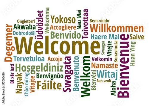 Fototapeta Welcome in different languages wordcloud on white background