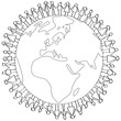 Vector illustration of stick figures children standing around earth globe holding hands coloring page isolated on white background
