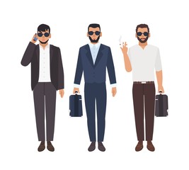 Canvas Print - Set of bearded caucasian men dressed in business clothing carrying briefcases, talking on phone, smoking. Cool guys or mafia members. Male characters isolated on white background. Vector illustration.