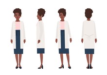 Happy African American Woman Dressed In Casual Clothing Isolated On White Background. Elegant Stylish Female Cartoon Character Wearing Skirt And Cardigan. Front, Side, Back Views. Vector Illustration.