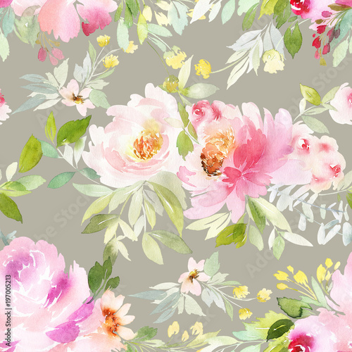Seamless summer pattern with watercolor flowers handmade.