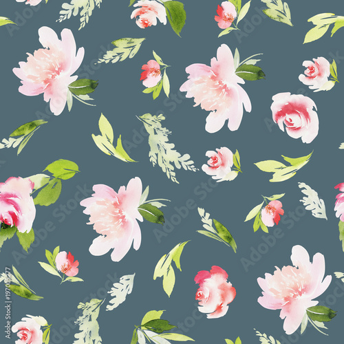 Seamless summer pattern with watercolor flowers handmade.