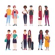 © Good Studio - Collection of young teenage couples dressed in trendy clothes. Set of pairs of stylish teen boys and girls. Modern cartoon characters isolated on white background. Colorful vector illustration.