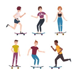 Collection of modern teenage skater boys and girls riding skateboards. Set of young teenagers skateboarding. Cute cartoon characters isolated on white background. Vector illustration in flat style.