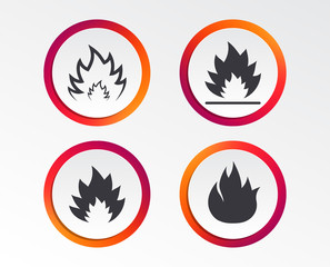 Fire flame icons. Heat symbols. Inflammable signs. Infographic design buttons. Circle templates. Vector