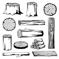 Set of wood logs for forestry and lumber industry. Illustration of trunks, stump and planks