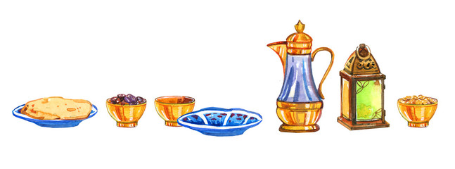 Iftar party celebration traditional dishes. The Muslim feast of the holy month Ramadan. Watercolor hand drawn isolated illustration set