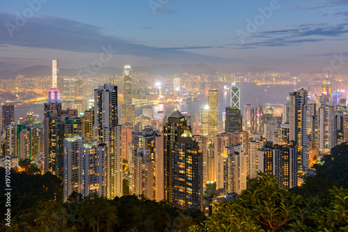 Plakat Hongkong skyline od szczytu Victoria