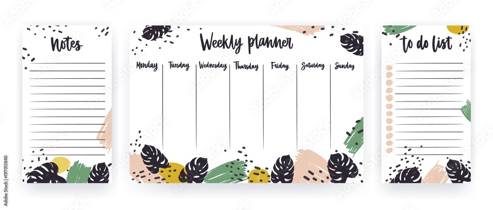 Creative weekly planner with week days, sheet for notes and to do list templates decorated with paint strokes and tropical monstera leaves. Modern scheduler with exotic foliage. Vector illustration. - obrazy, fototapety, plakaty 