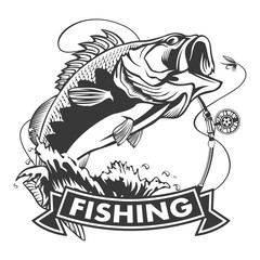 Fishing logo. Bass fish with rod club emblem. Fishing theme illustration. Isolated on white.