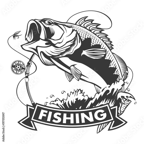 Download Fishing logo. Bass fish with rod club emblem. Fishing theme illustration. Isolated on white ...