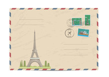 Eiffel Tower In Paris, France. Vintage Postal Envelope With Famous Architectural Composition, Postage Stamps And Postmarks On White Background Vector Illustration. Airmail Postal Services.