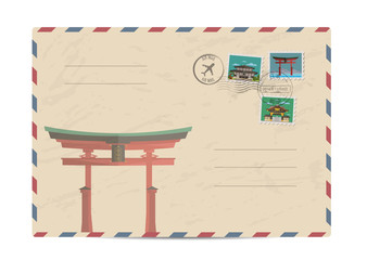 Sticker - Japan vintage postal envelope with postage stamps and postmarks on white background, isolated vector illustration. Japanese torii gate. Air mail stamp. Postal services. Envelope delivery.