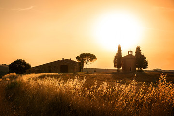 Wall Mural - vitaleta chapel at sunset, tuscan landscape near san quirico d'orcia, siena, tuscany, italy