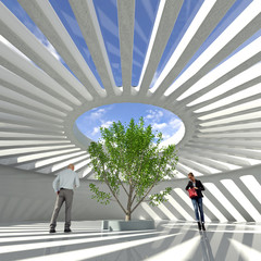 white interior with green tree