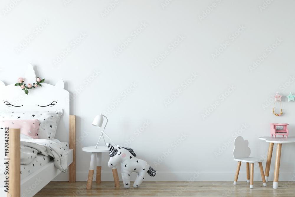 Obraz na płótnie Wall mock up. Child's room interior. Scandinavian style. 3d rendering, 3d illustration w salonie
