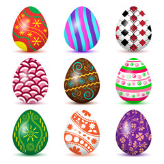 Wall Mural - Colorful collection of Easter eggs with colored shadow, isolated on white background. Vector illustration