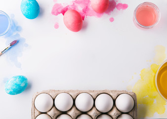 Wall Mural - Easter and spring flat lay on a white background. Copy space.