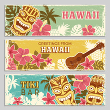 Horizontal Banners Set With Illustrations Of Hawaiian Tribal Gods And Other Different Symbols