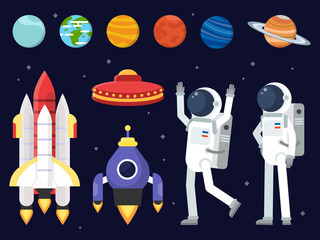Wall Mural - set of planets, space shuttles and astronauts in flat style