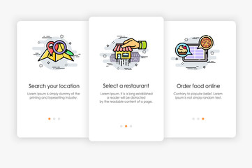 Wall Mural - Onboarding screens design in food delivery concept. Modern and simplified vector illustration, Template for mobile apps.