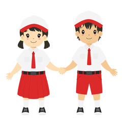 two happy kids wearing Indonesian elementary school uniform and holding hands. Indonesian students cartoon vector