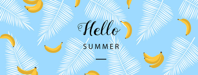 Wall Mural - Hello Summer banner. Flat style summer background. Trendy summer wallpaper with fruit. Vector
