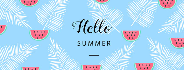 Wall Mural - Hello Summer banner. Flat style summer background. Trendy summer wallpaper with fruit. Vector