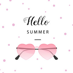 Wall Mural - Hello Summer banner. Flat style summer background. Trendy summer wallpaper with heart shape sunglasses