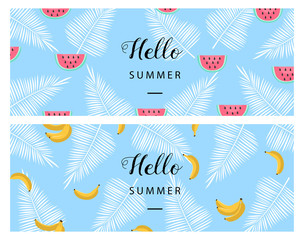 Wall Mural - Hello Summer banner. Flat style summer background. Trendy summer wallpaper with fruit. Vector