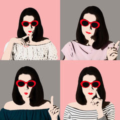 Photo collage in the style of pop art. Woman in dress and sunglasses in pin up style.