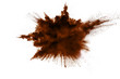 Freeze motion of brown dust explosion. Stopping the movement of brown powder. Explosive brown powder on white background. Dry soil splater on white background.