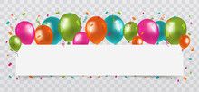 Colourful Balloons With Confetti And Streamers White Paper Free Space. Transparent Background. Birthday, Party And Carnival Vector.