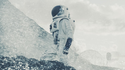 Wall Mural - proud astronaut confidently explores alien planet's surface during snow storm. people overcoming dif