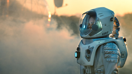 Wall Mural - shot of the astronaut on mars walking toward his base/ research station, looking around. first manne