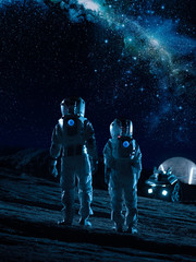 Wall Mural - two astronauts in space suits stand on the alien planets looking at the stars in milky way galaxy. s
