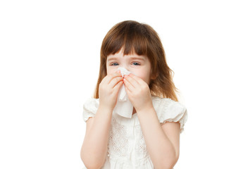 Girl 4-5 years snotting nose on white background