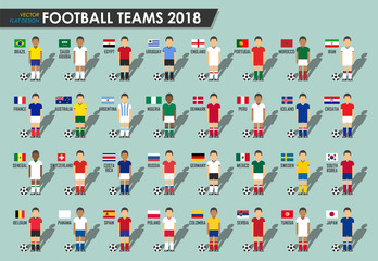 Aufkleber - Soccer cup teams 2018 . Set of Football players with jersey uniform and national flags . Vector for international world championship tournament