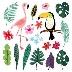 Wall Mural - summer tropical graphic elements. toucan and flamingo birds. jungle floral illustrations, palm, mons