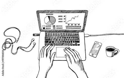 Illustration Of Workplace With Laptop Hands On A Keyboard