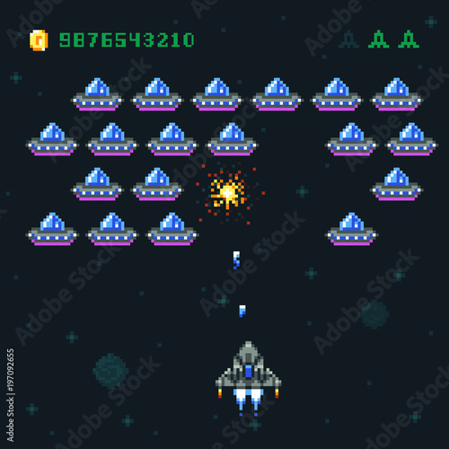 Fotografía Retro arcade game screen with pixel invaders and spaceship
